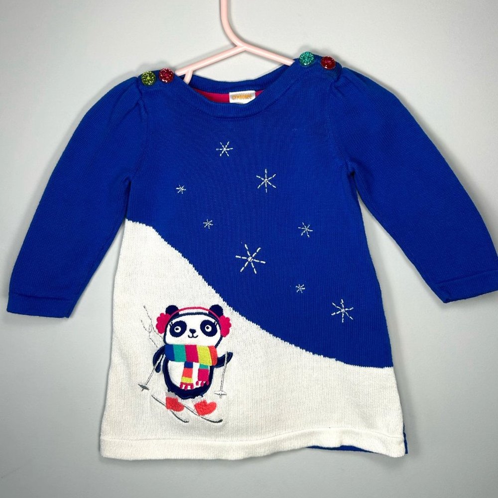 Gymboree Baby Girl Blue, White Panda Bear Pattern Knit Dress- Size 6-12M